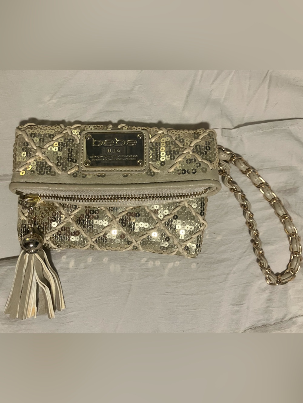 bebe Ivory Sequin Quilted Wristlet Clutch with Gold Chain